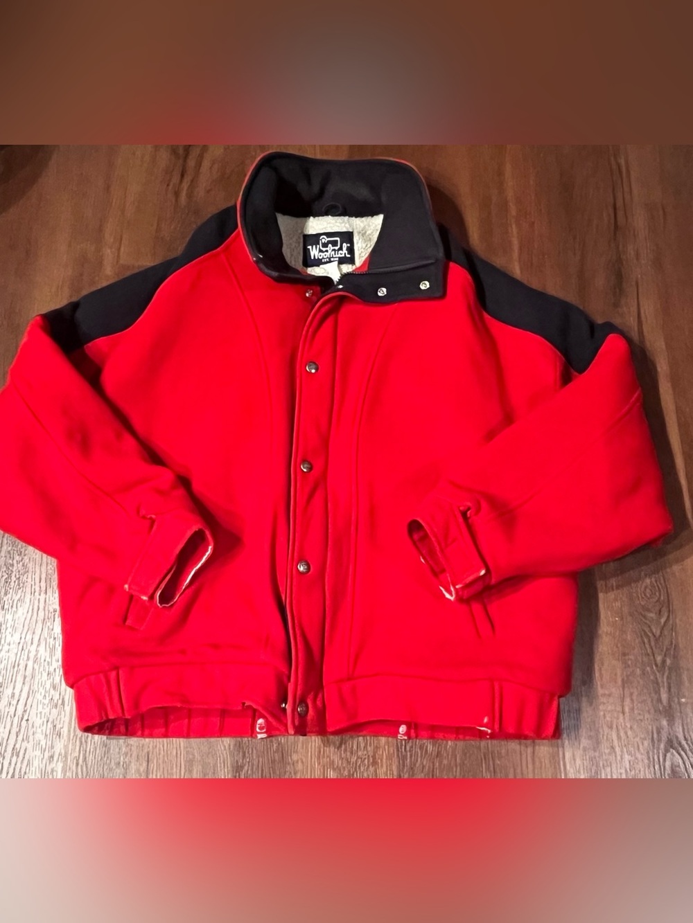 Vintage Woolrich Sherpa Lined Bomber Wool Jacket Red Blue Coat Men's Large USA